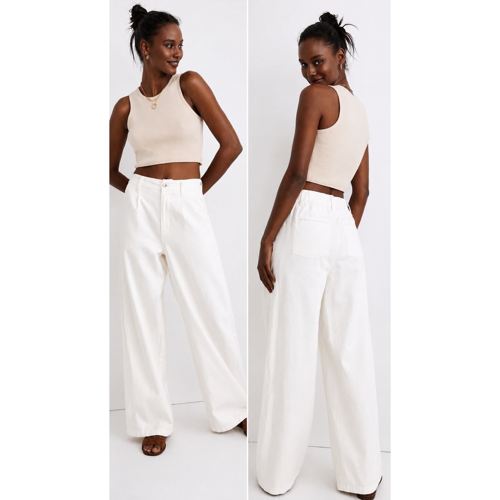 Madewell Women's Size 4 Cream Wide Leg Crop Pants Pull-On High Rise Cotton Blend